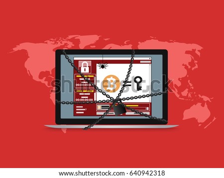 Cyber attack malware wannacry ransowmare virus encrypted files and lock computer. vector illustration concept.