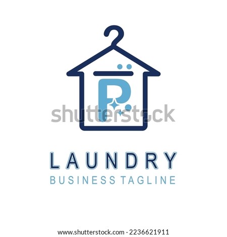 Letter P for Laundry Business Logo Design Idea Template with House and Hanger Icon. Dry Cleaning Clothes Wash Machine
