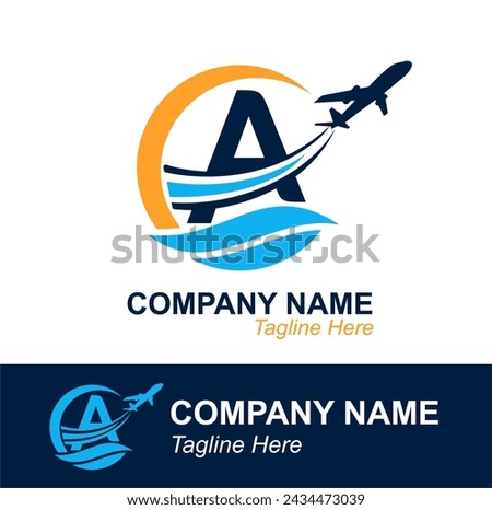 Letter A with Wave and Flying Plane for Travel Agency Logo. Vector Design Logo for travel transportation label, tourism, flight company advertising