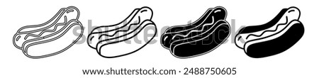 Black and white illustration of a hot dog. Hot dog icon collection with line. Stock vector illustration.