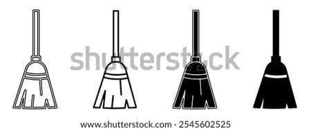 Black and white illustration of a broom. Broom icon collection with line. Stock vector illustration.