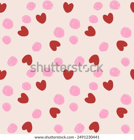 Red hearts and pink dots seamless pattern on off white background. Love, wedding, romance, mother's day simple minimal background. Design for textile and paper.