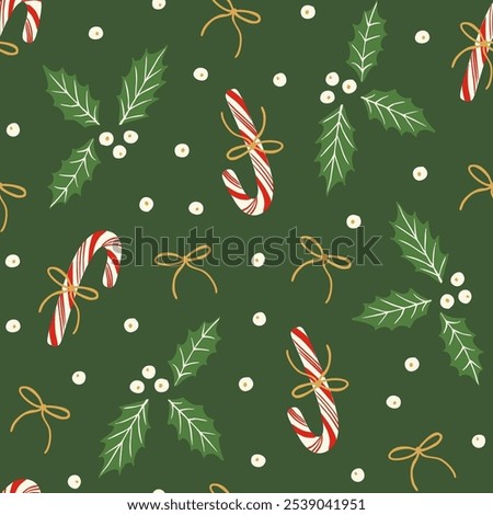 Cute candy canes with bows, berries and holly plant leaves seamless pattern. Holiday season festive background. Elegant design for wrapping paper, fabric.