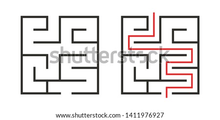 Education logic game labyrinth for kids. Find right way. Isolated simple square maze black line on white background.  With the solution. Vector illustration.