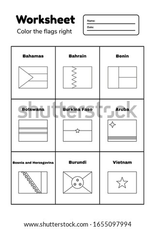Worksheet on geography for preschool and school kids. Color the flags right. Coloring page. Vector illustration.
