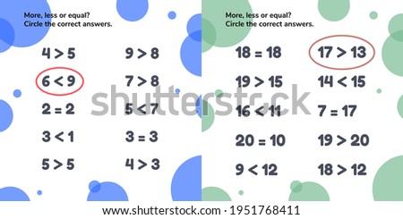 True or false. More, less or equal. Educational math game for kids preschool and school age. Set worksheets. Vector illustration.