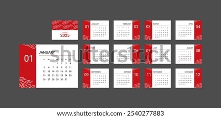 Monthly Calendar Vector Design Template 2025 Year. Modern Calendar Design with Indonesian Elements in the form of red Megamendung Batik. Suitable for Display Calendar or Desk Calendar.