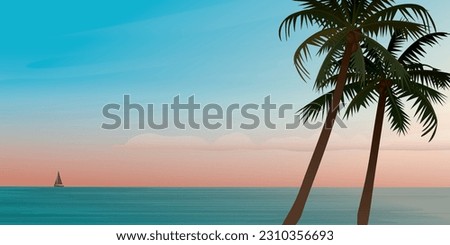 Seascape, palm tree silhouette and yacht at skyline with sunset sky background vector illustration. Summer traveling and party at the beach concept flat design with blank space.