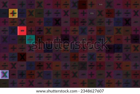 Colorful divide, plus, minus and multiply sign  overlap transparent on dark purple background with riso print effect vector illustration.