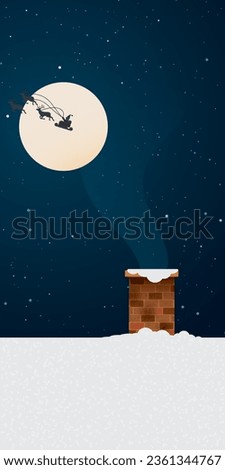 Brick chimney and smoke on the roof which cover by snow in christmas night have Santa Clause's sleigh flying through fullmoon background vertical vector illustration.