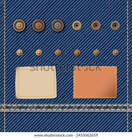 Denim blue jean textile pattern template with clothing accessory isolated elements and leather badge for decoration vector illustration.