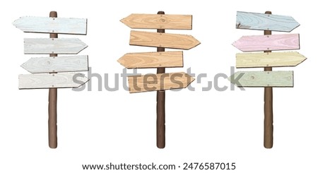 Blank wooden direction sign isolated graphic illustrated. Vintage cut timber signboard on wooden pole for information or advertising message.