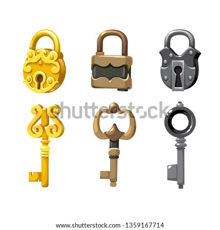 Keys and Padlocks vector set. Illustration in cartoon colourful style. Isolated on white background - Vector