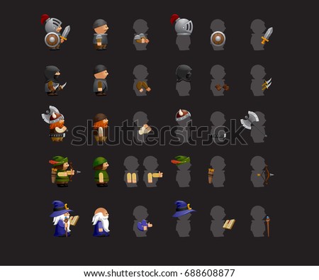 Cute Cartoon Game Characters: warrior, archer, wizard, knight, assassin.  A vector game art characters design ready for animation - all limbs or parts of body are fully customizable.
