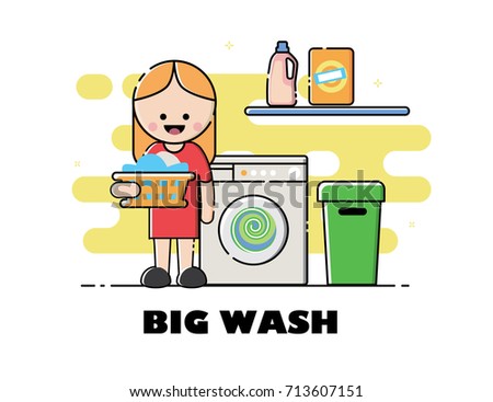 Vector laundry washing illustration. Happy woman is standing near washing machine and holding laundry basket. Linear art, MBE Style Illustration.Isolated Vector Illustration on white background.