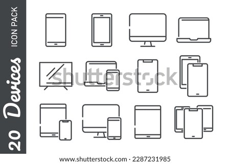 Electronic and devices related line icons set. Computers and mobile phones linear icons. Laptop, hardware and tablet outline vector signage collection.