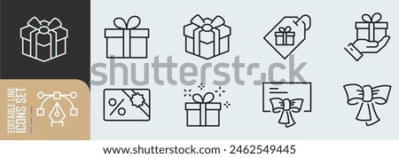 A simple set of gifts Linked vector line icons. Contains icons such as gift card, present offer, ribbon and more. Editable move.