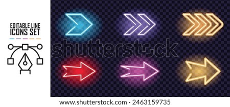 Neon right arrows colourful vector icons set. Realistic glowing pointers on transparent background. Location indicator for casino, bar, cinema, nightclub and motel, isolated symbol pack.