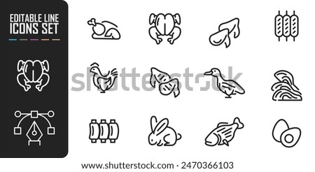 Set of line icons in linear style. Series - Meat. Meat products, food and semi-finished products. Types of meat and sausages. Outline icon collection. Pictogram and infographic. Editable stroke.