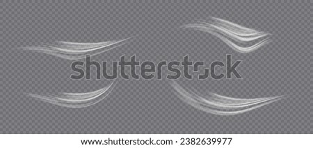 Airflow, white fumes or chilly breeze movement effect, isolated on a transparent background. Realistic vector depiction of abstract wind currents, dust movements or scratch lines.