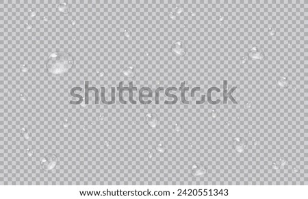 Vector water droplets. PNG droplets, condensation on glass, on various surfaces. Realistic droplets on a transparent isolated background. PNG.