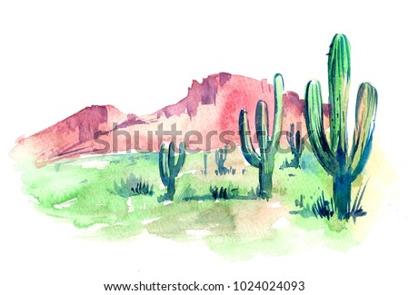 Desert of South America with cacti. Prairie landscape. Hand drawn watercolor illustration