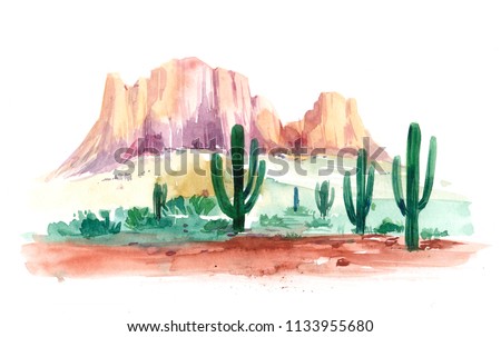 Desert of South America with cacti. Prairie landscape. Hand drawn watercolor illustration