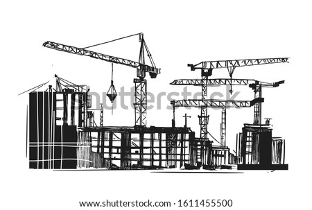 Building construction. Sketch of industrial landscape. Hand drawn illustration converted to vector 商業照片 © 