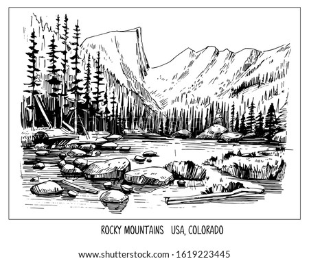 Rocky mountains. Landscape of USA, Colorado.  Hand drawn ink sketch converted to vector. Shape isolated with transparent background