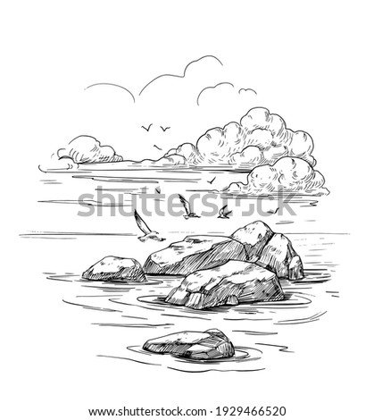Seascape sketch. Sea, rocks, seagulls, landscape. Hand drawn illustration converted to vector. Black outline on transparent background