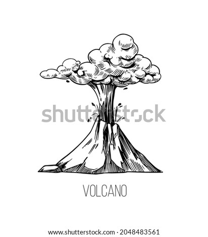 Volcano hand drawn sketch illustration. Vector outline