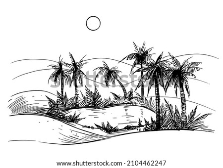 Oasis with palm trees and a lake in the desert. Hand drawn vector sketch illustration 