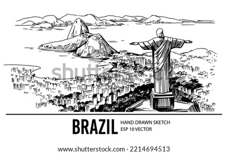 Brazil sketch. Rio de Janeiro. Landscape with a statue of Jesus. Vector hand drawn illustration 