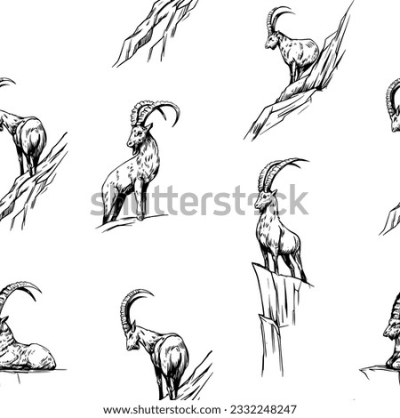 Mountain goat, ibex, capricorn. Seamless pattern. Hand drawn vector sketch illustration