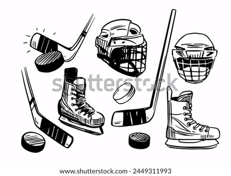 Ice hockey, set vector sketch illustration, skates, puck, helmet, hand drawn, black outline