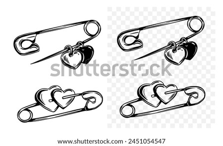 Safety pin with heart, vector sketch illustration, black outline, print design, tattoo flash