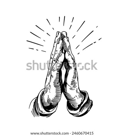 Hands in prayer, engraving style. Hand drawn set, vector illustration, black outline