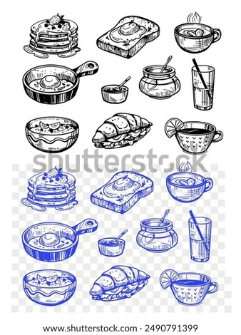 Breakfast sketch, sandwich, scrambled eggs, porridge, coffee, food doodle set hand drawn, vector illustration