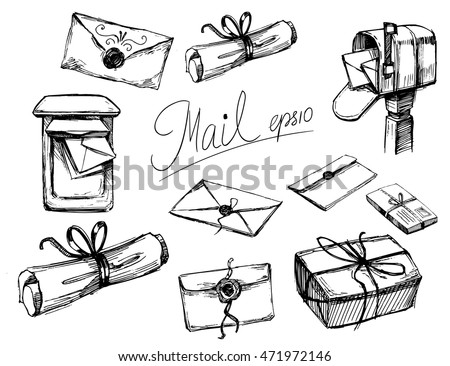 A set of letters, parcels, mail boxes. Sketch illustration. Isolated vector.