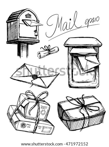 A set of letters, parcels, mail boxes. Sketch illustration. Isolated vector.