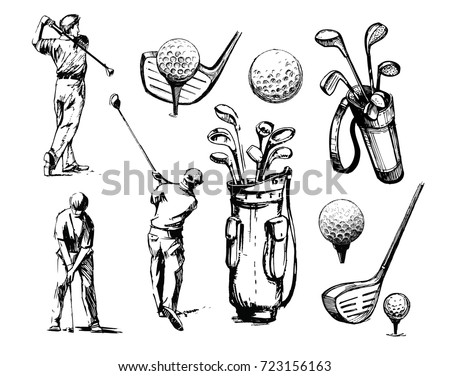 Set of golf objects: players, ball, golf clubs. Hand drawn sketch illustration converted to vector.