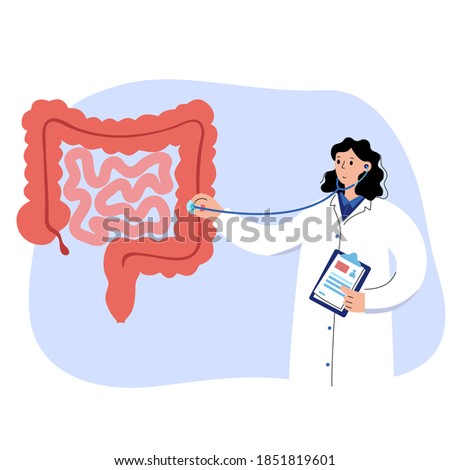 Pain or inflammation in the Intestine. Bowel, appendix, rectum and colon anatomy. Cancer, tumor or infection and digestive system disease. Doctor appointment and help isolated vector illustration.