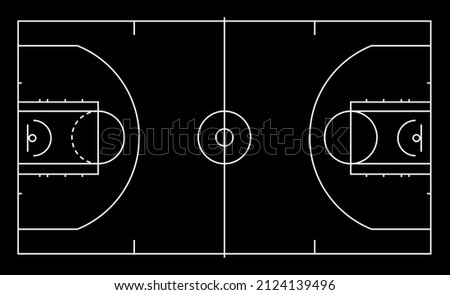 Basketball court with white line marking. Realistic playground top view with hardwood floor. Flat vector illustration on black background.