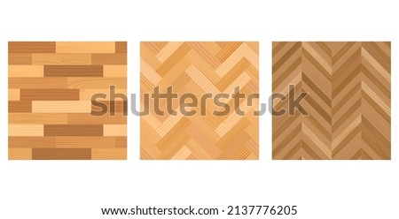 Wooden parquet, mosaic, overlay and herringbone pattern. Hardwood light laminate floor. Wood grain texture. Timber interior. Oak, walnut, pine or maple nature materials. Realistic vector illustration