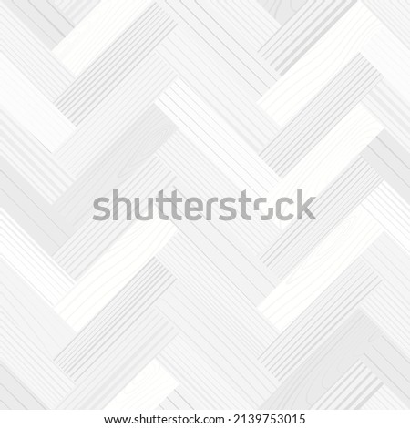 White wooden parquet, seamless herringbone pattern. Hardwood gray zigzag laminate floor. Wood grain texture. Timber interior. Oak, walnut, pine or maple nature materials. Realistic vector illustration