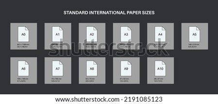 Standard international paper size icons for creating empty pages a0, a1, a2 and other formats. User interface, pictograms or buttons for business or education on gray background vector illustration