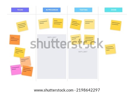 Kanban board methodology. Meeting process, cards with tasks on whiteboard, teamwork visualization in office or online. To do, in progress, done stages. WIP limits, agile model flat vector illustration