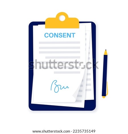 Medical informed consent paper document with signature. Agreement with doctor and patient in clinic. Information and purposes of medical scientific research. Treatment in hospital vector illustration. Photo stock © 