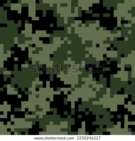 Camouflage seamless pattern. Khaki digital pixel tiles. MARPAT woodland military textile. Modern camo uniform for soldiers in the war. Multicolor militaristic wallpaper flat vector illustration.