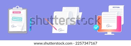 Digital petition signing process. Online counting of signatures concept. Written paper document signed by numerous individuals. Request to the government official or public entity vector illustration